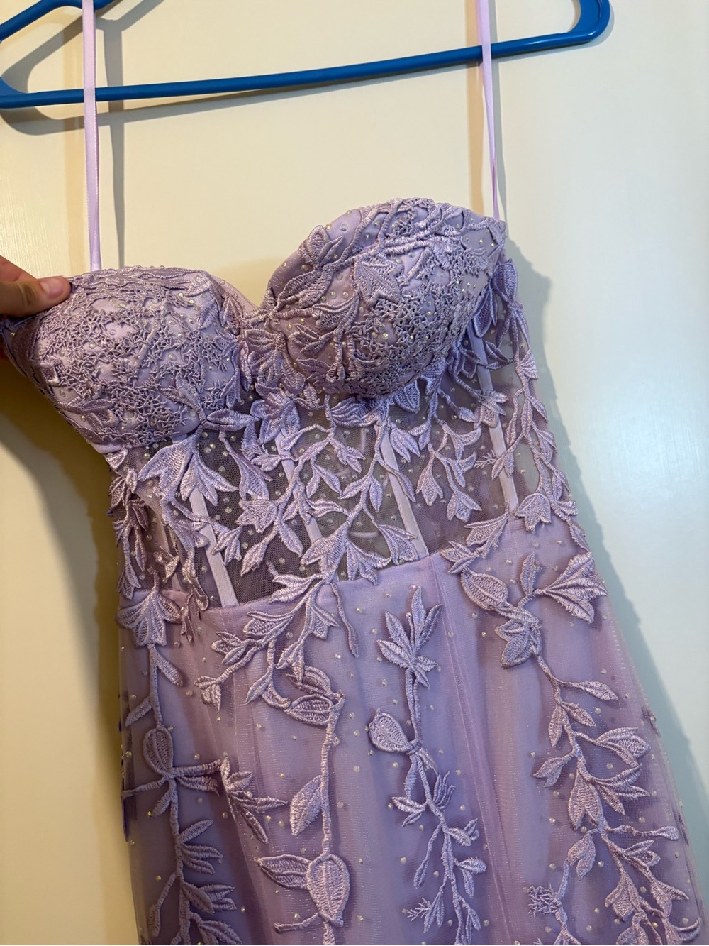 Lavender Embroidered Strapless prom Dress